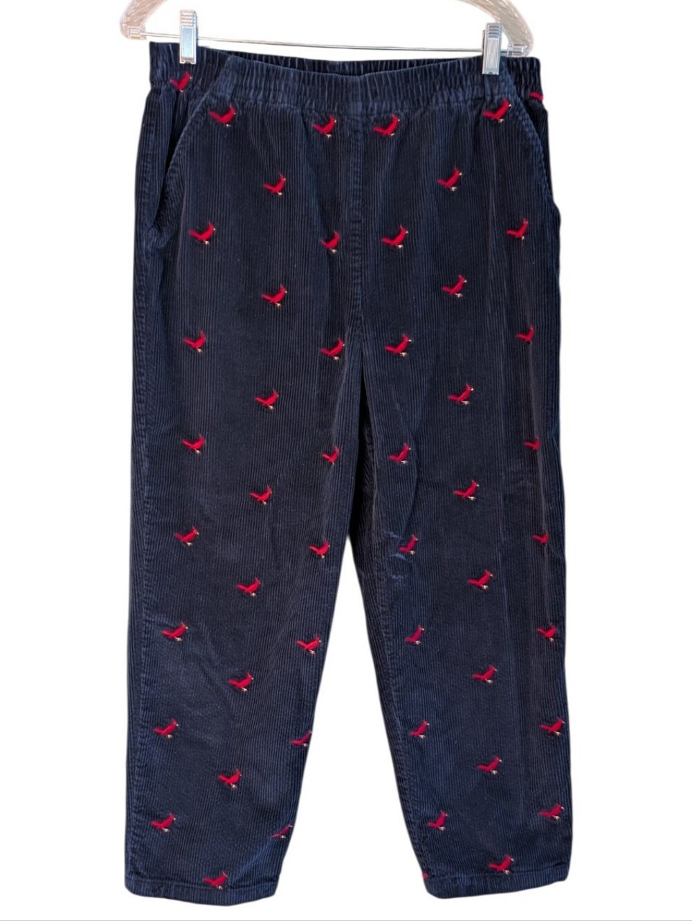 VTG Appleseed's Navy Corduroy Pants Red Cardinal Bird Embroidered Elastic 12P